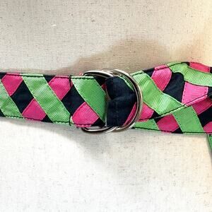 Vintage Talbots 1980s Pink Green Ribbon Grosgrain D-Ring Belt Preppy Classic